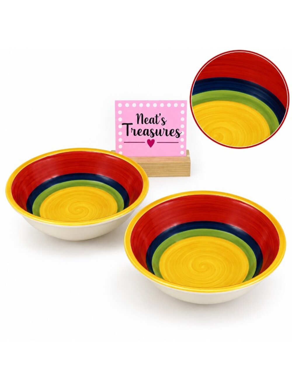Royal Norfolk MAMBO Greenbrier Yellow Center Rings Stoneware Soup Bowls Set of 2